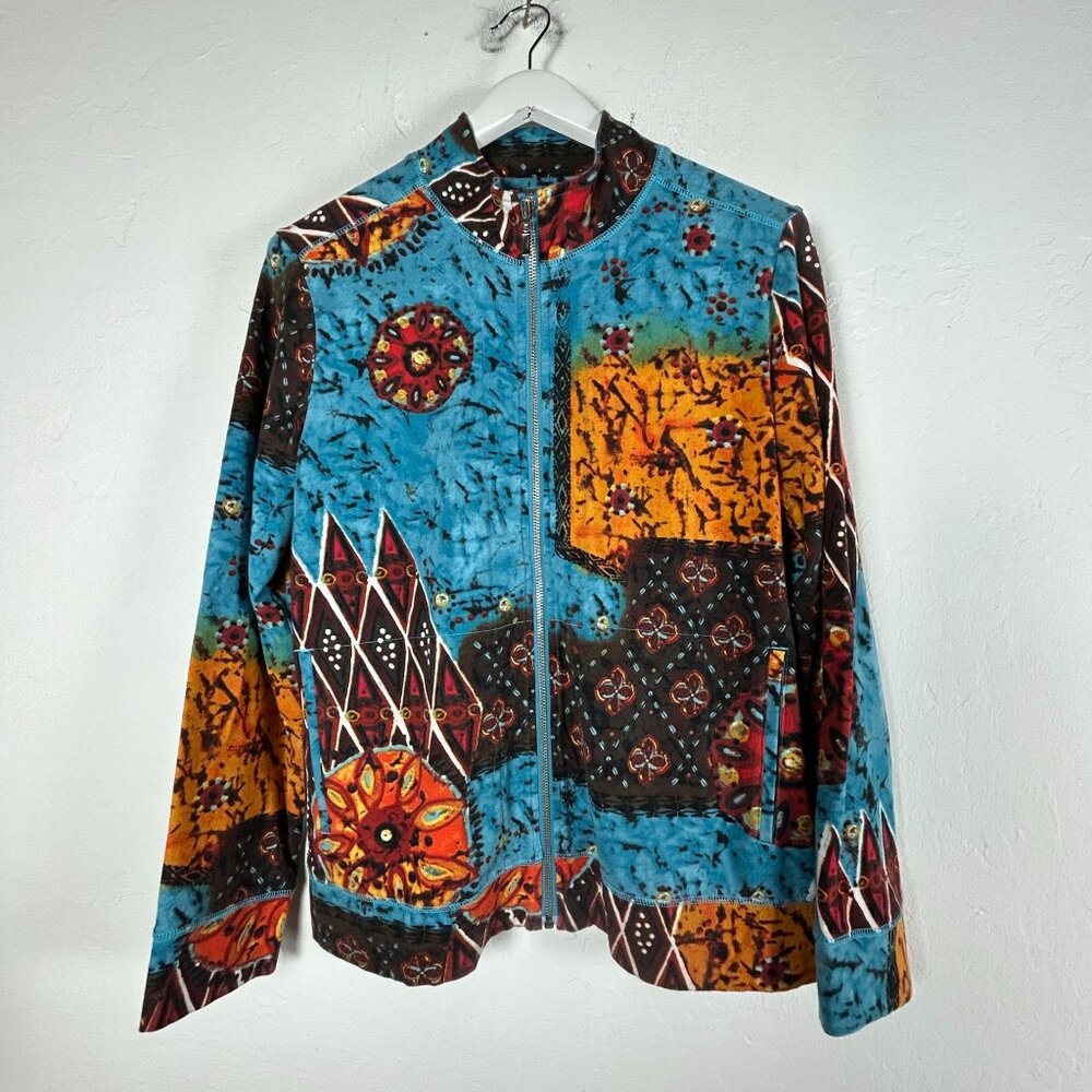 Additions Chico’s Women’s Abstract Patchwork Zip Up Jacket Colorful Ethnic Boho